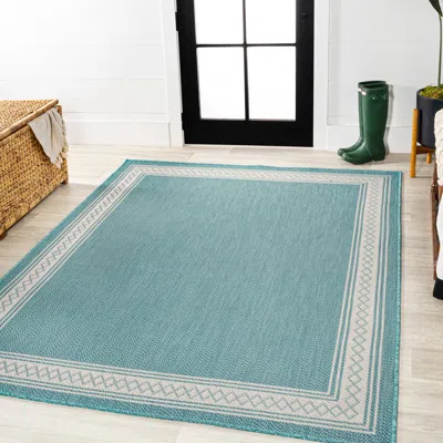 Jonathan Y Lucia Classic Diamond Border Indoor/outdoor Area Rug In Aqua/light Grey