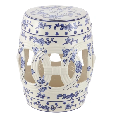 Jonathan Y Lucky Coins 16" Chinese Ceramic Drum Garden Stool, Blue/white
