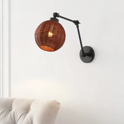 Jonathan Y Lyla 22" 1-light Mid-century Vintage Rattan Globe Swing Arm Led Sconce, Dark Brown/black