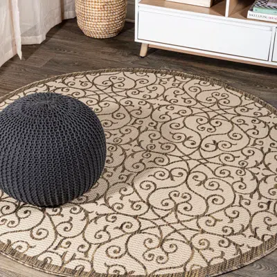 Jonathan Y Madrid Vintage Filigree Textured Weave Indoor/outdoor Round Area Rug In Beige/brown
