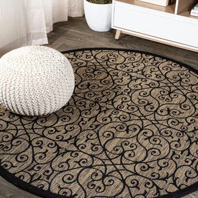 Jonathan Y Madrid Vintage Filigree Textured Weave Indoor/outdoor Round Area Rug In Black/khaki