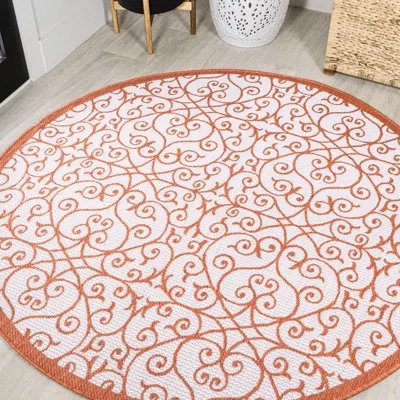 Jonathan Y Madrid Vintage Filigree Textured Weave Indoor/outdoor Round Area Rug In Cream/orange