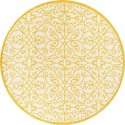 Jonathan Y Madrid Vintage Filigree Textured Weave Indoor/outdoor Round Area Rug In Cream/yellow