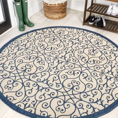 Jonathan Y Madrid Vintage Filigree Textured Weave Indoor/outdoor Round Area Rug In Navy/beige