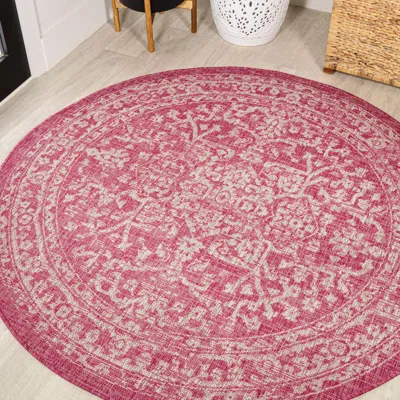 Jonathan Y Malta Bohemian Medallion Textured Weave Indoor/outdoor Round Area Rug In Red