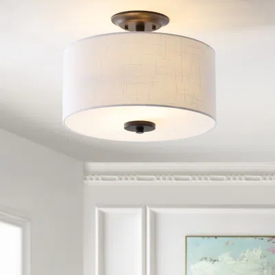 Jonathan Y Marc 15" Metal/linen Led Semi-flush Mount In Neutral
