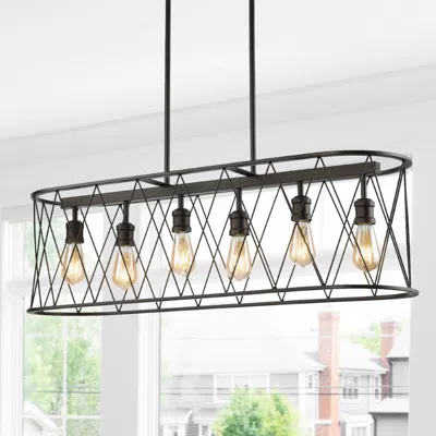 Jonathan Y Marion 37.75" 6-light Adjustable Iron Farmhouse Rustic Led Dimmable Pendant In Black