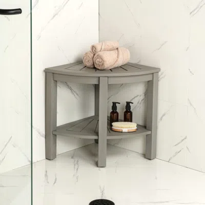 Jonathan Y Maris 18" Classic Coastal Solid Acacia Wood Indoor/outdoor Corner Shower Bench With Shelf, Light Tea