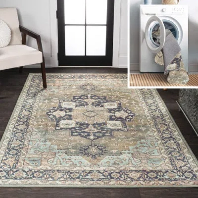 Jonathan Y Maris Ornate Medallion Machine-washable Area Rug In Green/tan/blue