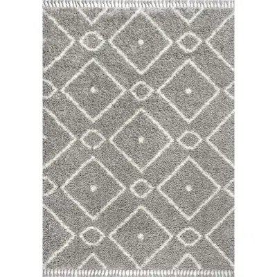 Jonathan Y Mercer Shag Plush Tassel Moroccan Diamond Denim Area Rug In Gray/cream