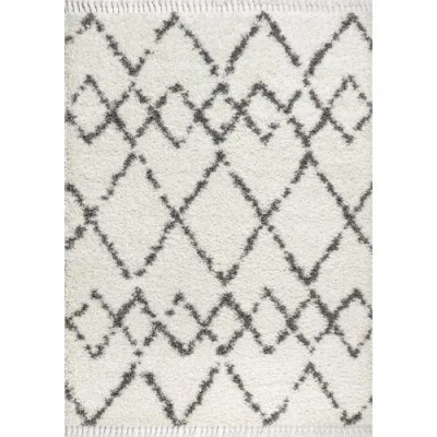 Jonathan Y Mercer Shag Plush Tassel Moroccan  Geometric Trellis Area Rug In Ivory/gray