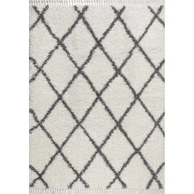 Jonathan Y Mercer Shag Plush Tassel Moroccan Geometric Trellis Denim Area Rug In Cream/gray