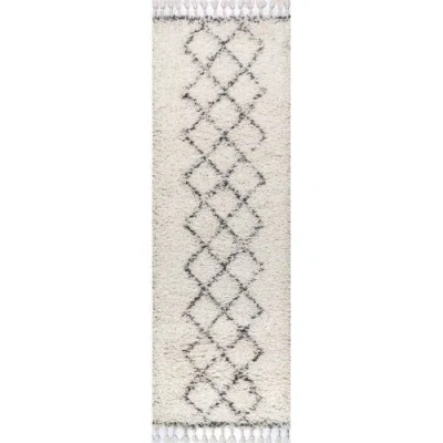 Jonathan Y Mercer Shag Plush Tassel Moroccan  Geometric Trellis Denim Area Rug In Cream/gray