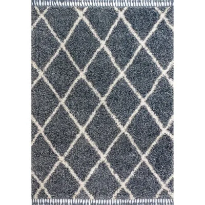 Jonathan Y Mercer Shag Plush Tassel Moroccan Geometric Trellis Denim Area Rug In Denim Blue/cream