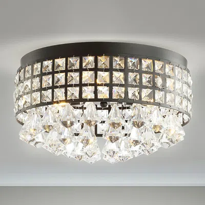 Jonathan Y Meredith 14.5" 3-light Crystal Drops/metal Led Flush Mount In Black
