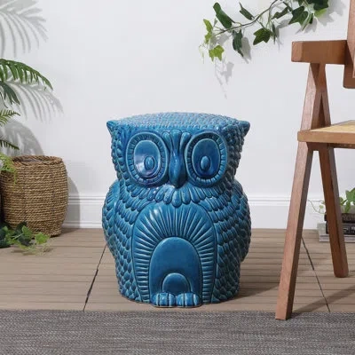 Jonathan Y Millie 17.5" Classic Vintage Ceramic Indoor/outdoor Owl Garden Stool In Blue Cracks