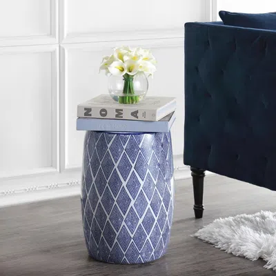 Jonathan Y Moroccan Diamonds 18" Ceramic Drum Garden Stool In Blue