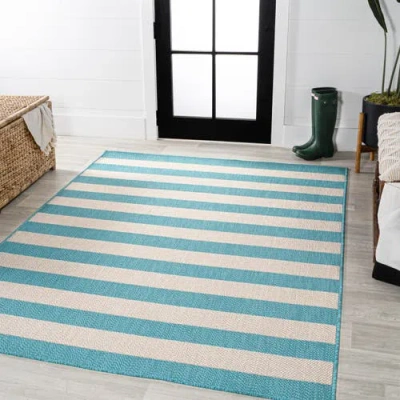 Jonathan Y Negril Two-tone Wide Stripe Indoor/outdoor Area Rug In Aqua/cream
