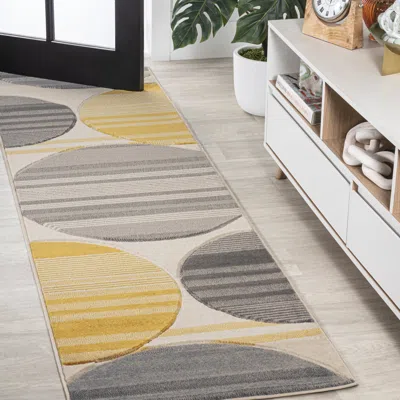 Jonathan Y Nicky Geometric Striped Circles Gray/yellow/cream Runner Rug In Multi