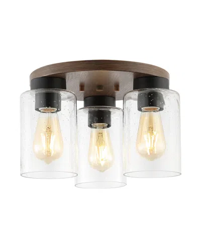 Jonathan Y Nola 13" 3-light Bohemian Farmhouse Iron, Seeded Glass Led Semi Flush Mount In Wood Finish