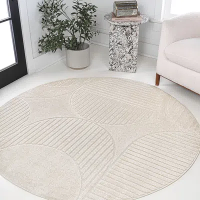 Jonathan Y Nordby High-low Geometric Arch Scandi Striped Indoor/outdoor Round Area Rug In Neutral
