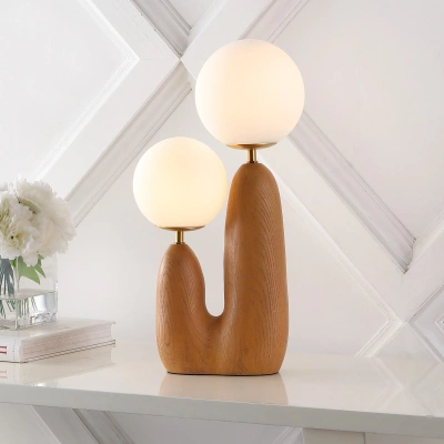 Jonathan Y Oda 17.75" 2-light Modern Bohemian Resin/iron/frosted Glass Danish Cactus Led Table Lamp, Brown Wood