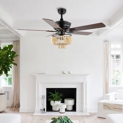Jonathan Y Opal 52" 3-light Farmhouse Rustic Wood Bead Shade Led Ceiling Fan With Remote In Black