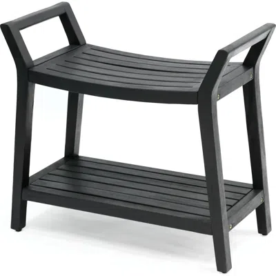 Jonathan Y Orla 25.6" Modern Classic Slatted Solid Acacia Wood Indoor/outdoor Shower Bench With Shel In Black