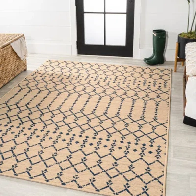 Jonathan Y Ourika Moroccan Geometric Textured Weave Indoor/outdoor Area Rug In Beige/navy