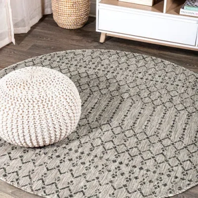 Jonathan Y Ourika Moroccan Geometric Textured Weave Indoor/outdoor Round Area Rug In Light Gray/black