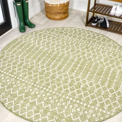 Jonathan Y Ourika Moroccan Geometric Textured Weave Indoor/outdoor Round Area Rug In Light Green/cream