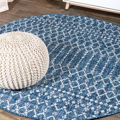 Jonathan Y Ourika Moroccan Geometric Textured Weave Indoor/outdoor Round Area Rug In Navy/light Gray