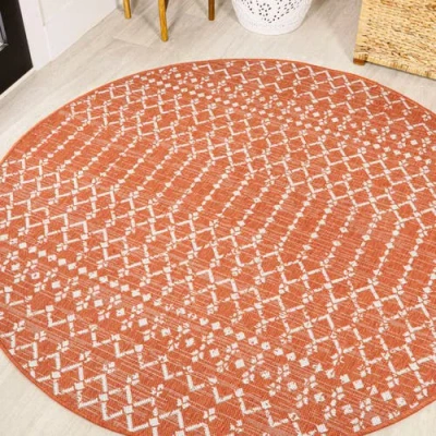 Jonathan Y Ourika Moroccan Geometric Textured Weave Indoor/outdoor Round Area Rug In Orange/cream
