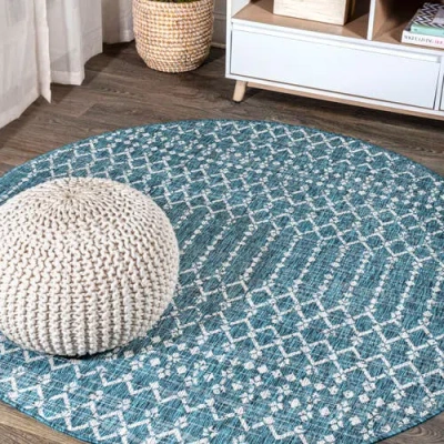 Jonathan Y Ourika Moroccan Geometric Textured Weave Indoor/outdoor Round Area Rug In Teal/gray