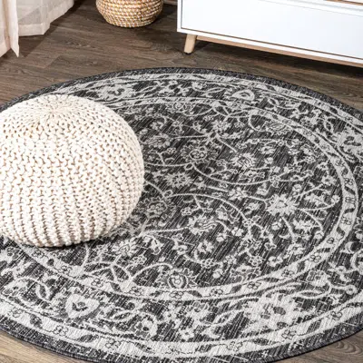 Jonathan Y Palazzo Vine And Border Textured Weave Indoor/outdoor Round Area Rug In Black/gray