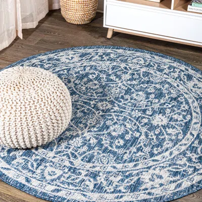Jonathan Y Palazzo Vine And Border Textured Weave Indoor/outdoor Round Area Rug In Navy/gray