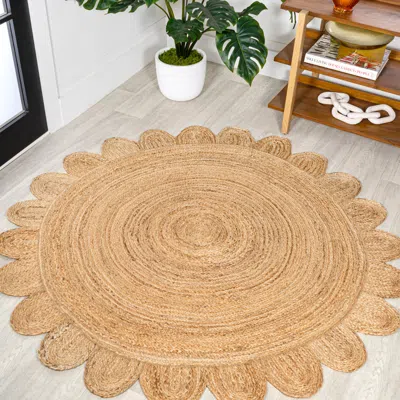 Jonathan Y Petal Boho Jute Scalloped Circle Natural Round Area Rug In Gold