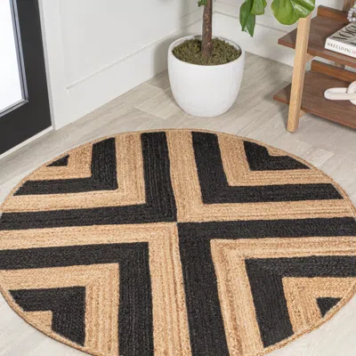 Jonathan Y Piper Two-tone Chevron Round Jute Black/natural Round Area Rug In Brown
