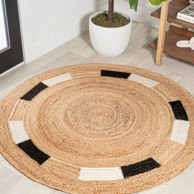 Jonathan Y Porto Geometric Jute Circle Natural/cream/black Round Area Rug In Multi
