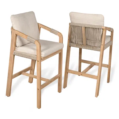 Jonathan Y Porto Modern Coastal Tub Roped Acacia Wood Outdoor Bar Stool With Cushions And Armrests, Gray/teak B In Gold