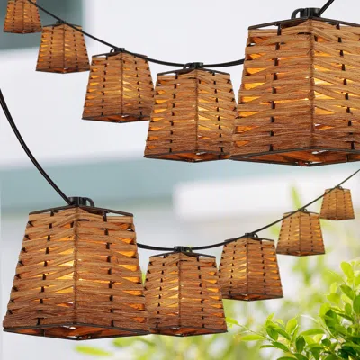Jonathan Y Quinn 10-light Indoor/outdoor 10 Ft. Classic Vintage Incandescent G40 Square Bamboo Shaded String Li In Brown