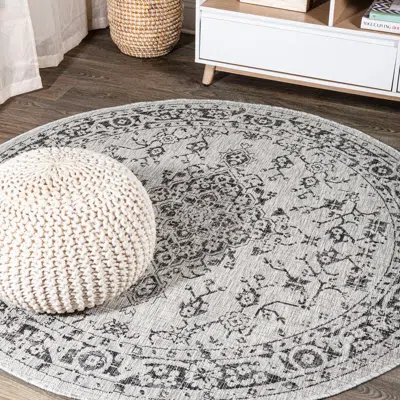 Jonathan Y Rozetta Boho Medallion Textured Weave Indoor/outdoor Round Area Rug In Gray/black