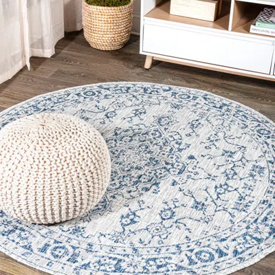 Jonathan Y Rozetta Boho Medallion Textured Weave Indoor/outdoor Round Area Rug In Gray/navy