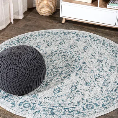 Jonathan Y Rozetta Boho Medallion Textured Weave Indoor/outdoor Round Area Rug In Gray/teal