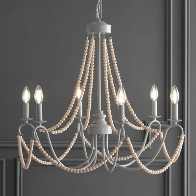 Jonathan Y Rustica 6-light 27" Adjustable Greige Metal/wood Bead Led Chandelier In Gray