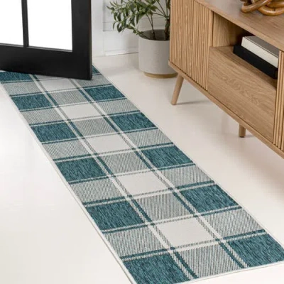 Jonathan Y Sabine Traditional Farmhouse Bold Gingham Indoor/outdoor Area Rug In Turquoise/cream