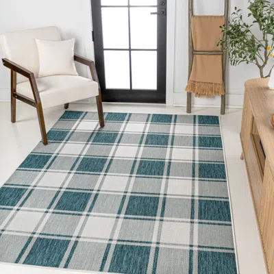 Jonathan Y Sabine Traditional Farmhouse Bold Gingham Turquoise/cream Indoor/outdoor Area Rug In Blue