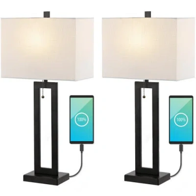 Jonathan Y Sabrina 28.5" Vintage Industrial Iron Led Table Lamp With Pull-chain And Usb Charging Por In Black