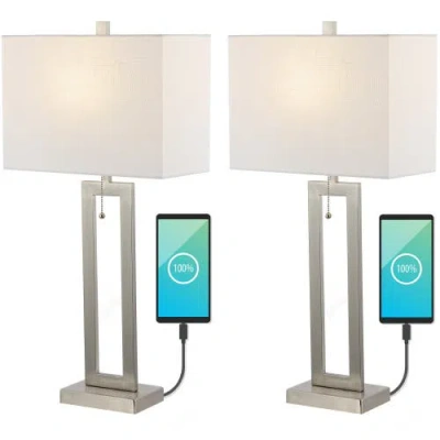 Jonathan Y Sabrina 28.5" Vintage Industrial Iron Led Table Lamp With Pull-chain And Usb Charging Por In Nickel