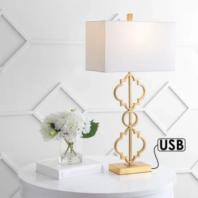 Jonathan Y Selina Iron Ogee Trellis Modern Led Usb Table Lamp In Gold Leaf